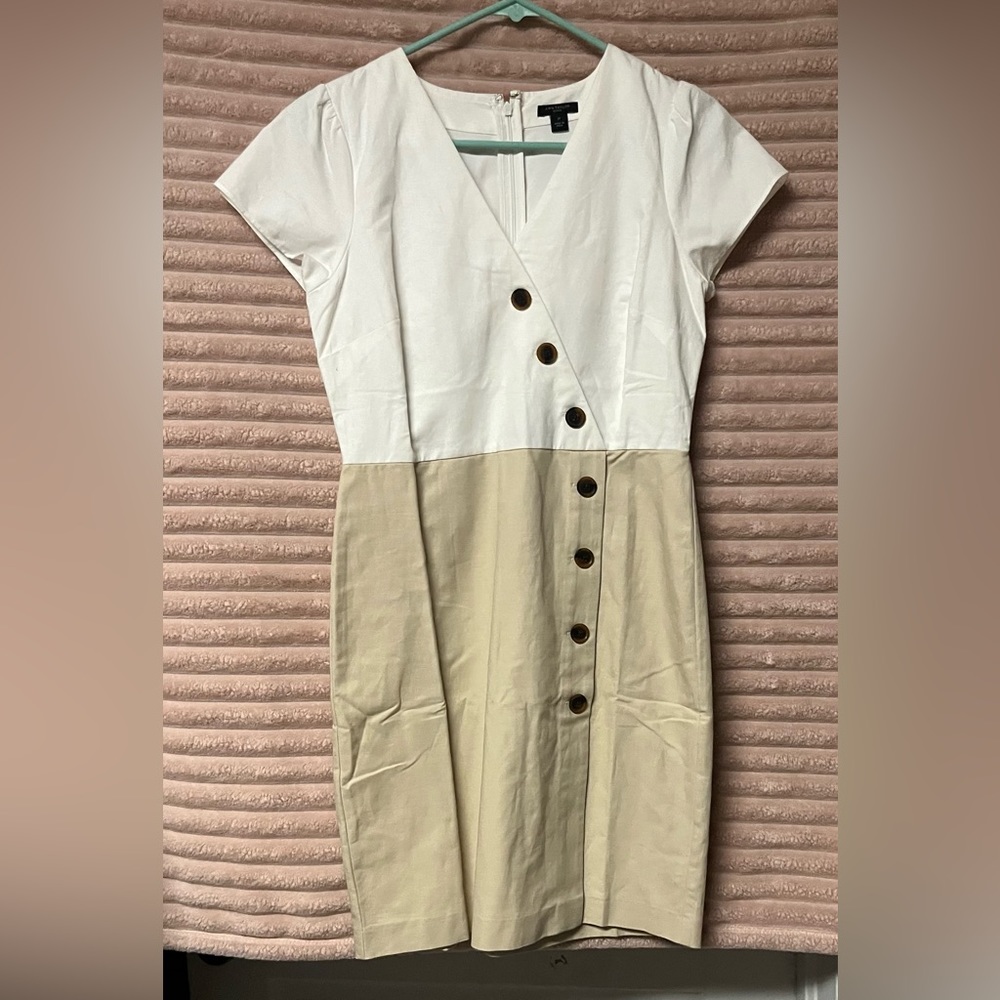 Ann Taylor Dress Women 2 Petite Short Sleeve White V Neck Button Front Career
